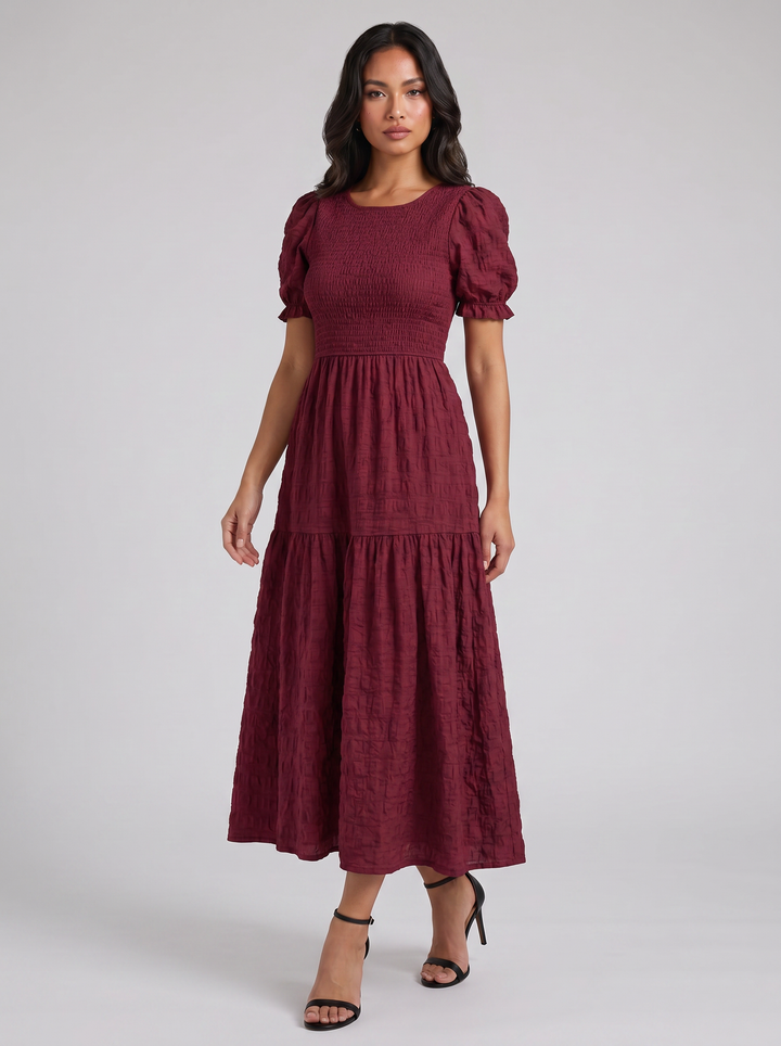 Women's Midi Dress – Smocked Puff-Sleeve