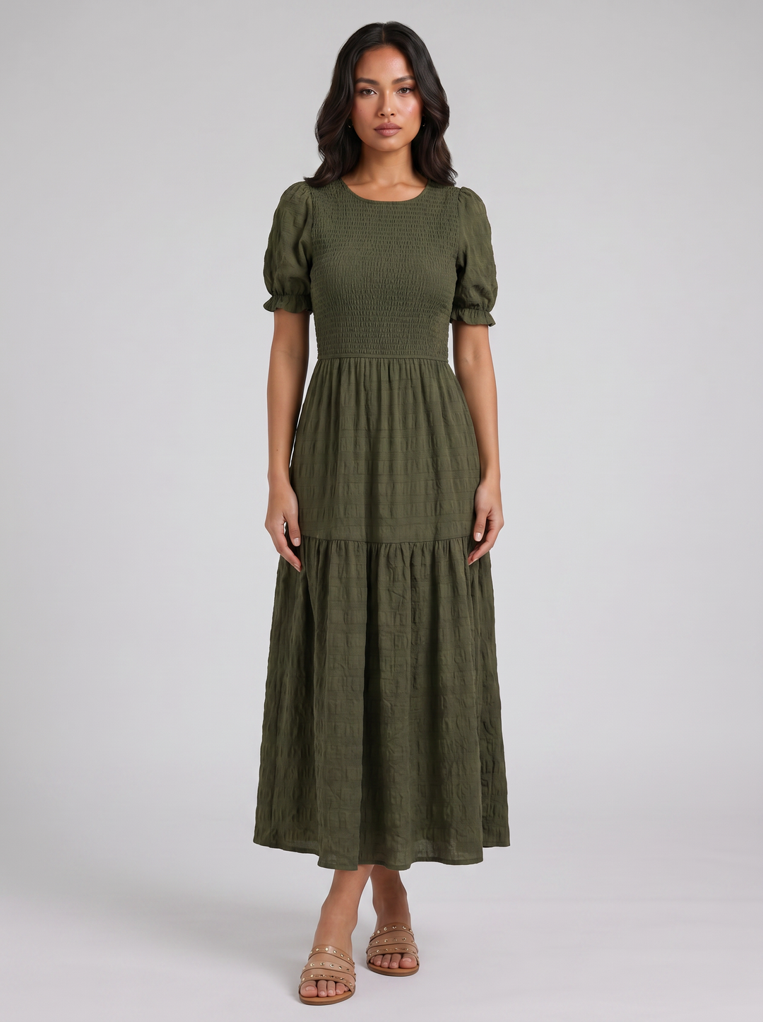 Women's Midi Dress – Smocked Puff-Sleeve