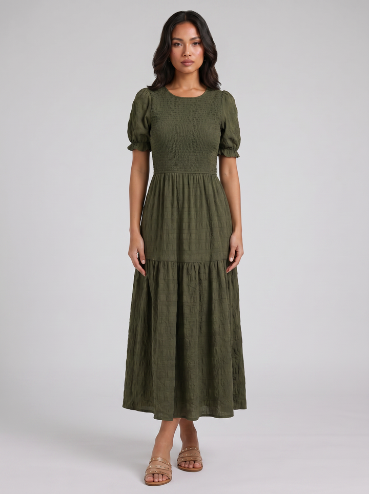 Women's Midi Dress – Smocked Puff-Sleeve