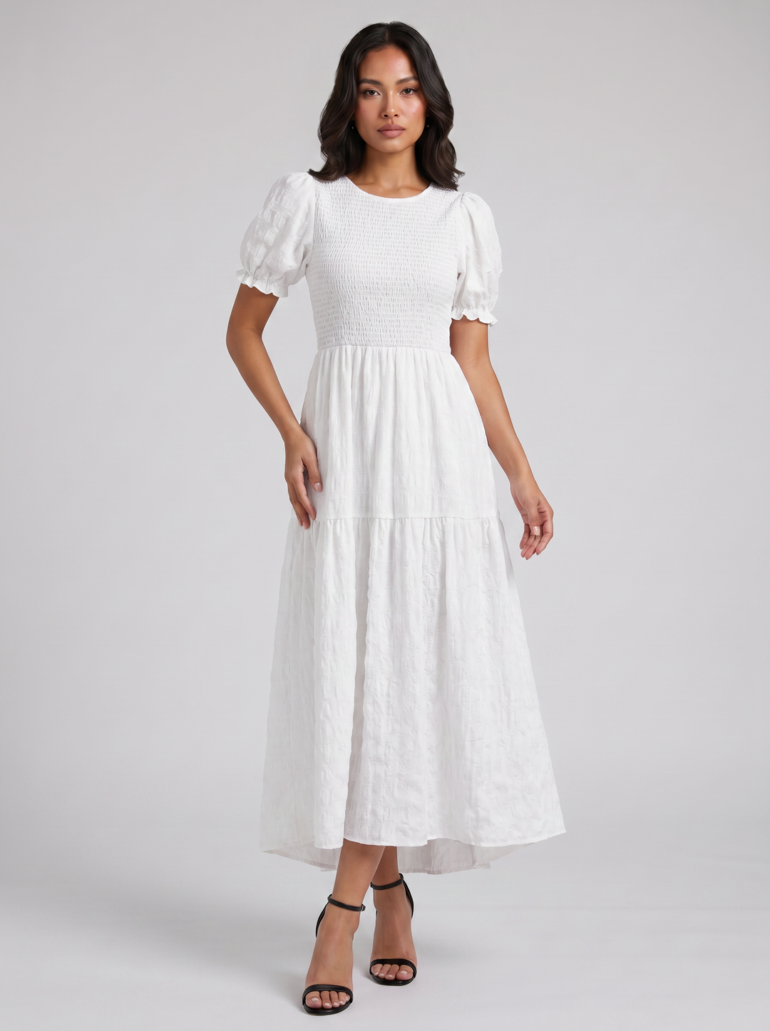 Women's Midi Dress – Smocked Puff-Sleeve