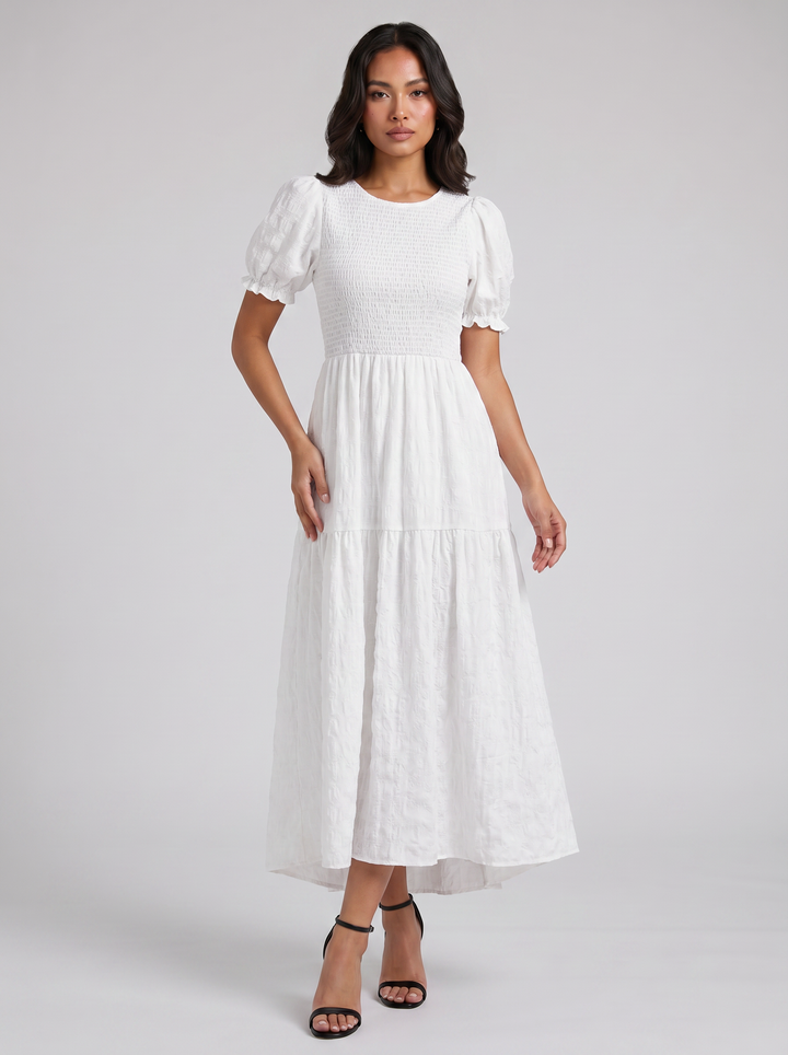 Women's Midi Dress – Smocked Puff-Sleeve