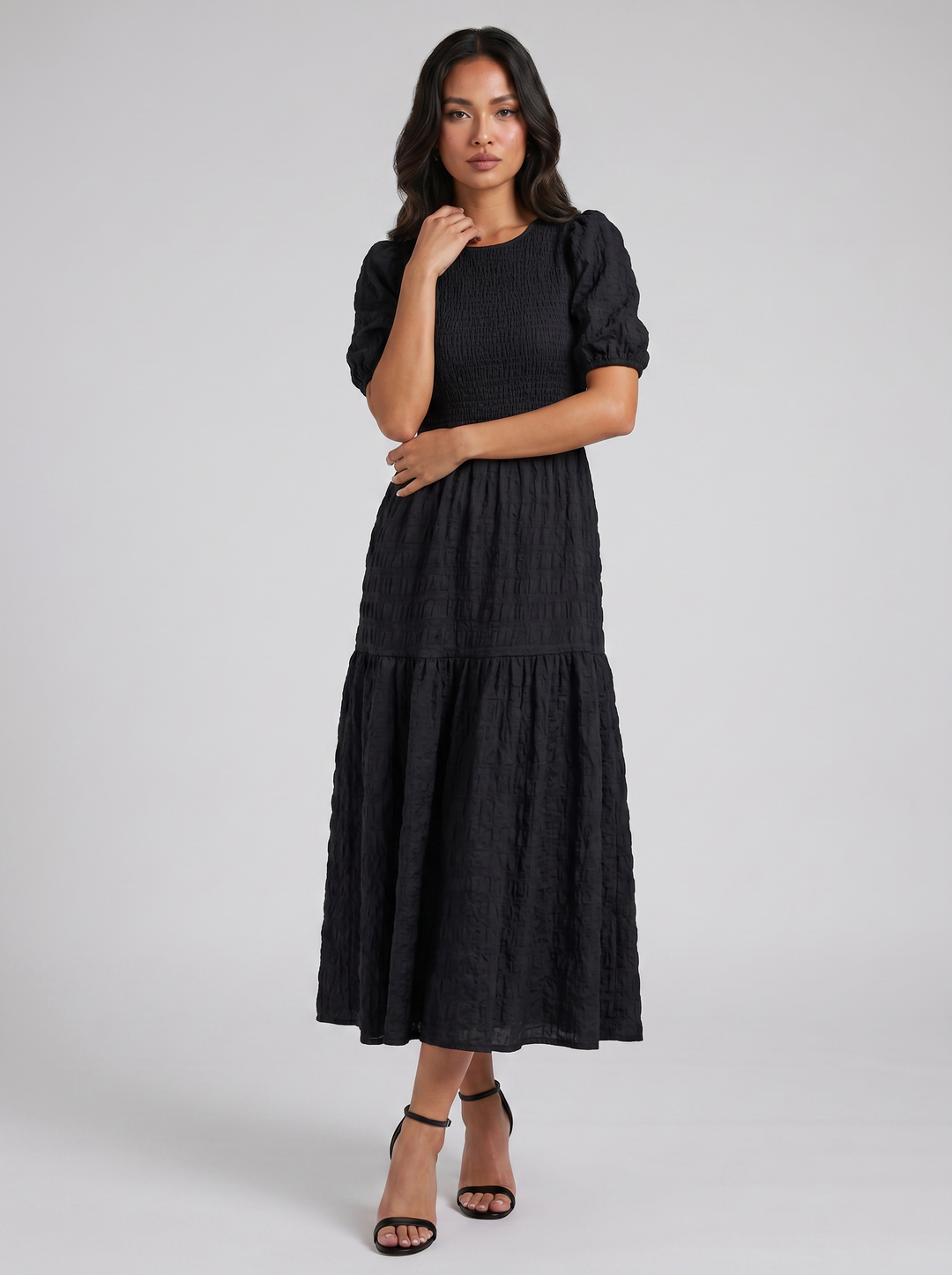 Women's Midi Dress – Smocked Puff-Sleeve