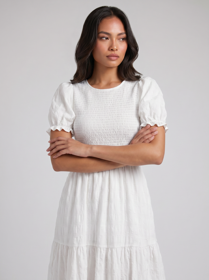 Women's Midi Dress – Smocked Puff-Sleeve