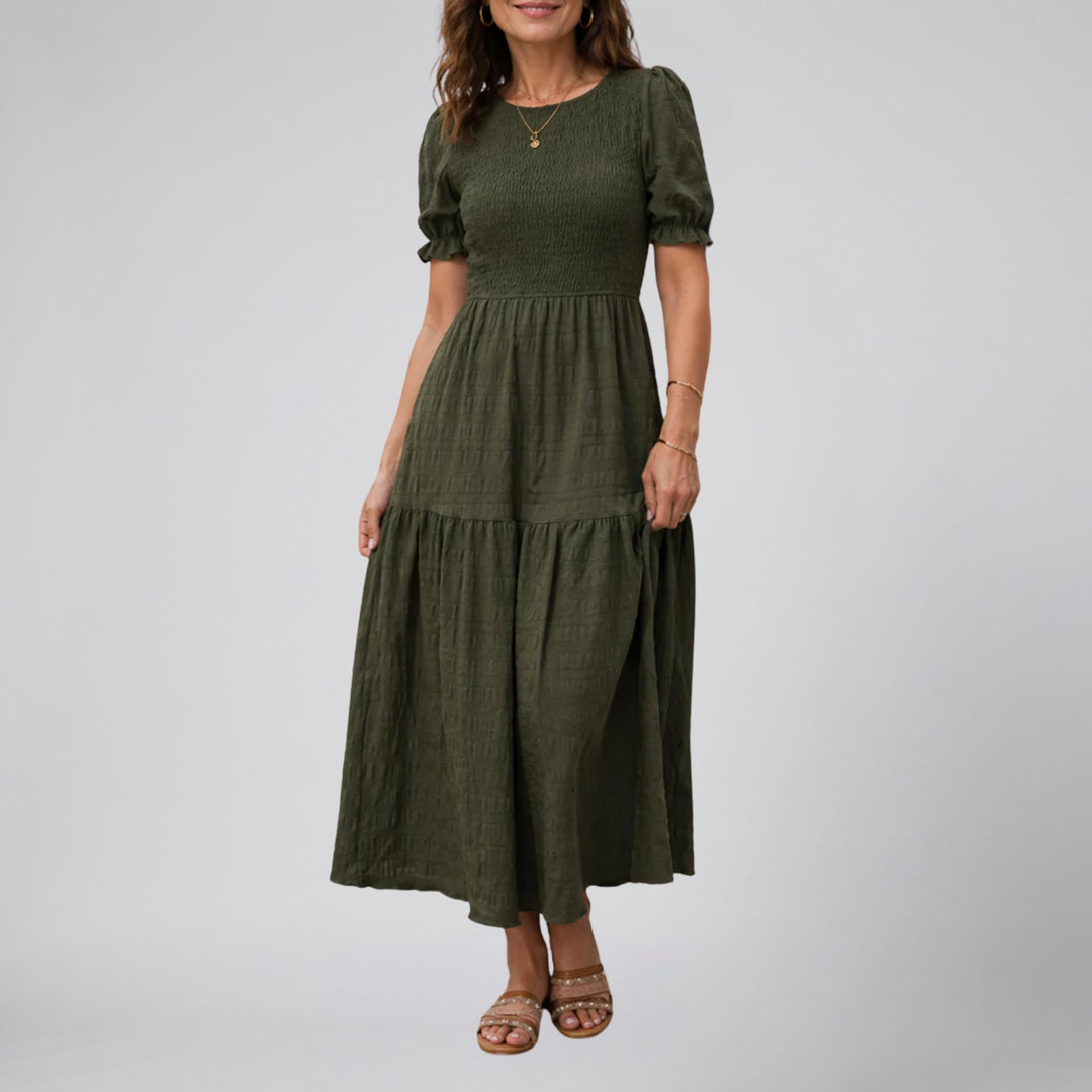 Women's Midi Dress – Smocked Puff-Sleeve