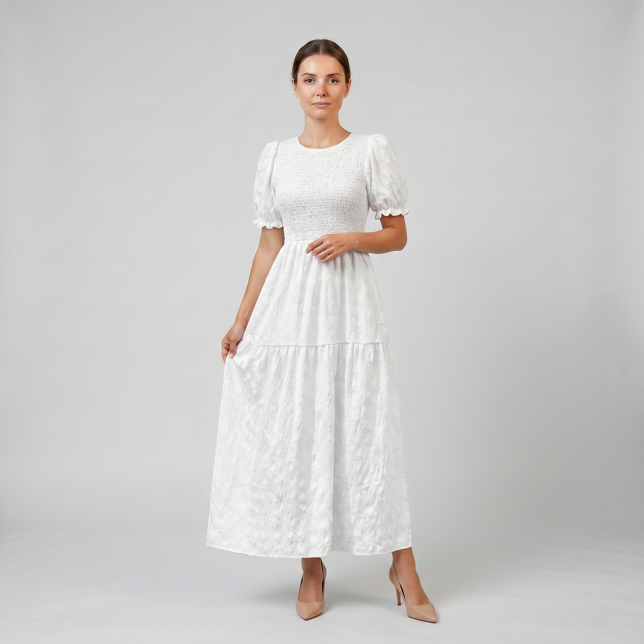 Women’s Smocked Puff-Sleeve Midi Dress | Celestiella