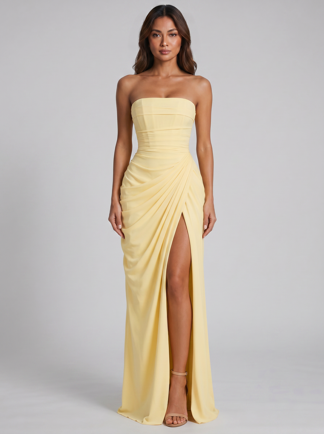 Women's Strapless Ruched Maxi Dress – Wedding Guest Gown