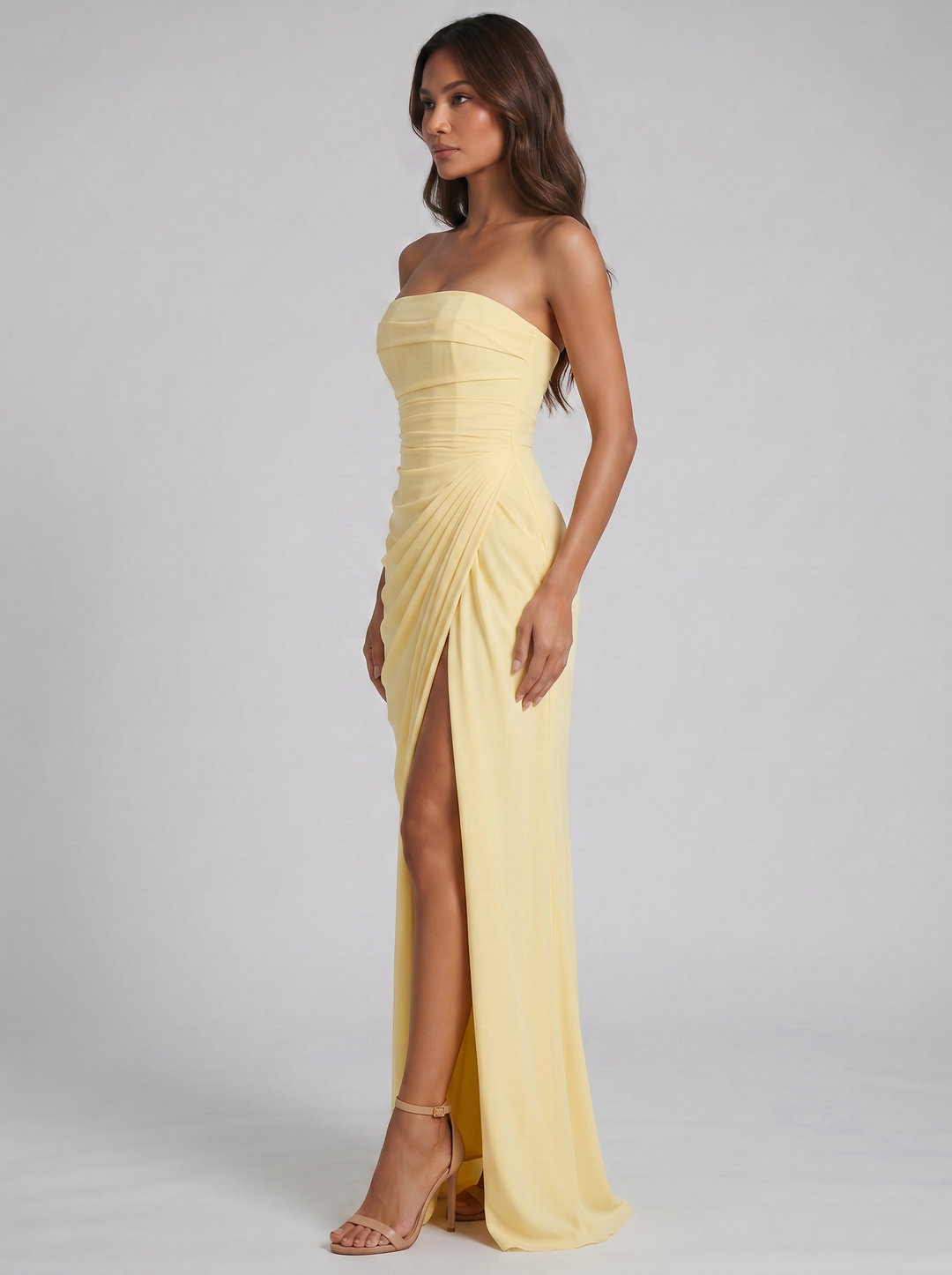 Women's Strapless Ruched Maxi Dress – Wedding Guest Gown