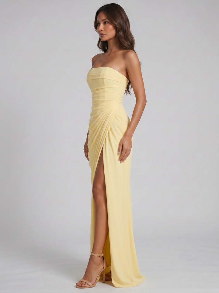 Women's Strapless Ruched Maxi Dress – Wedding Guest Gown