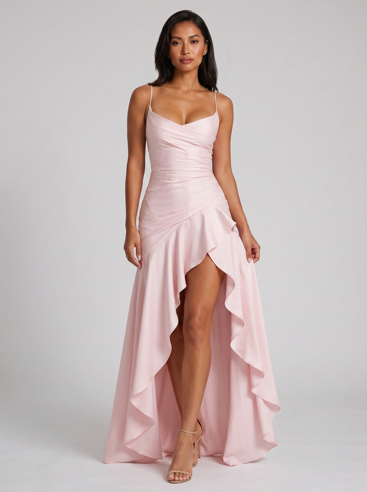 Women's Strappy Asymmetrical Maxi Dress – Thigh-Split Evening Gown