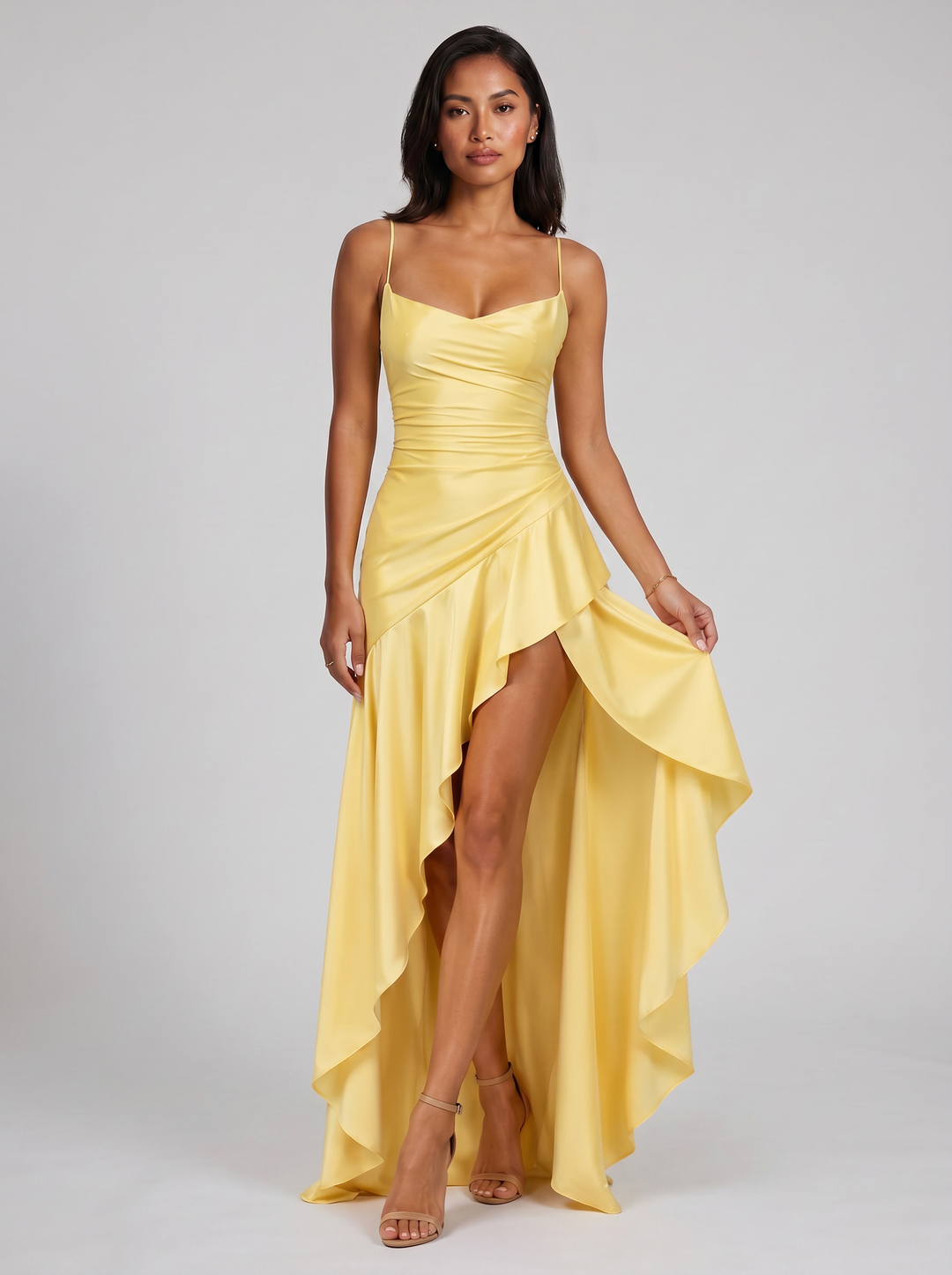 Women's Strappy Asymmetrical Maxi Dress – Thigh-Split Evening Gown