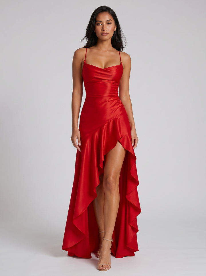 Women's Strappy Asymmetrical Maxi Dress – Thigh-Split Evening Gown