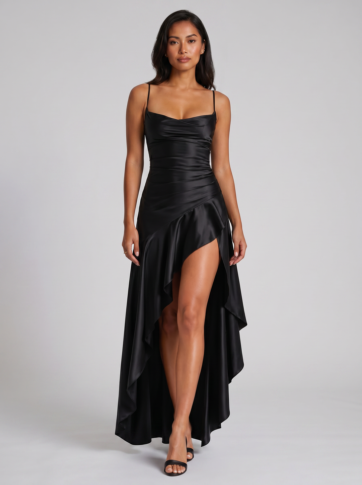 Women's Strappy Asymmetrical Maxi Dress – Thigh-Split Evening Gown