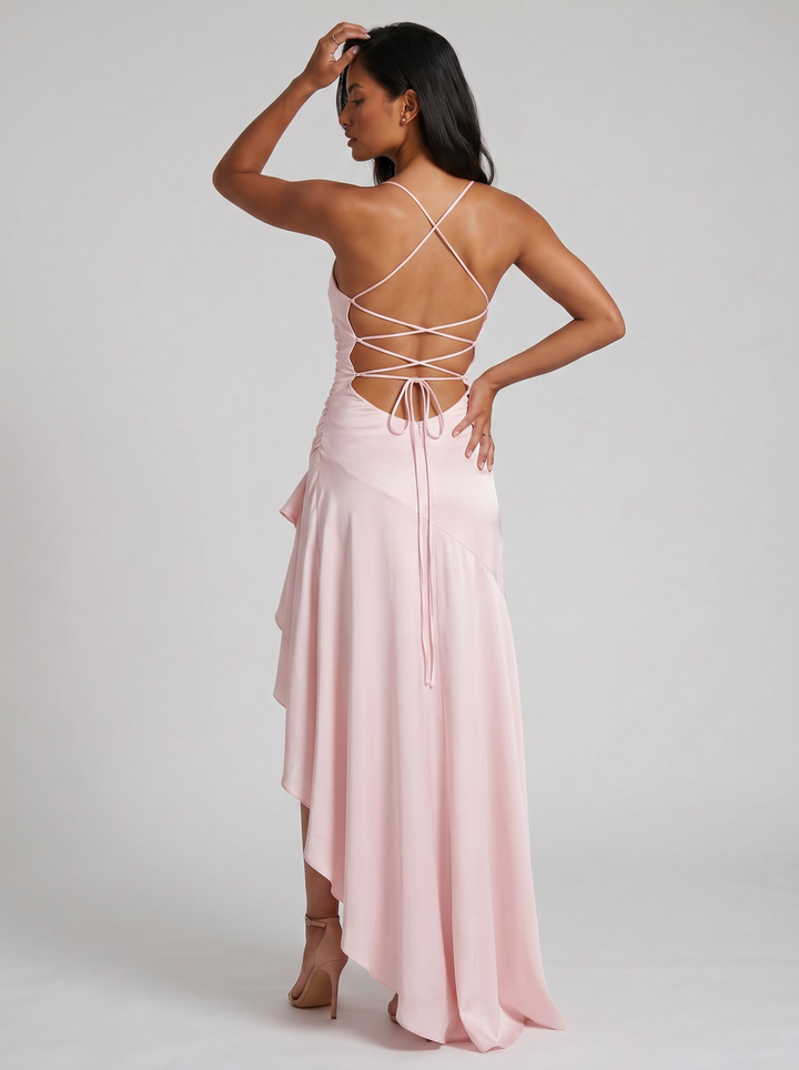 Women's Strappy Asymmetrical Maxi Dress – Thigh-Split Evening Gown