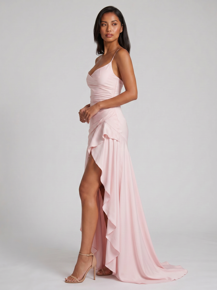 Women's Strappy Asymmetrical Maxi Dress – Thigh-Split Evening Gown