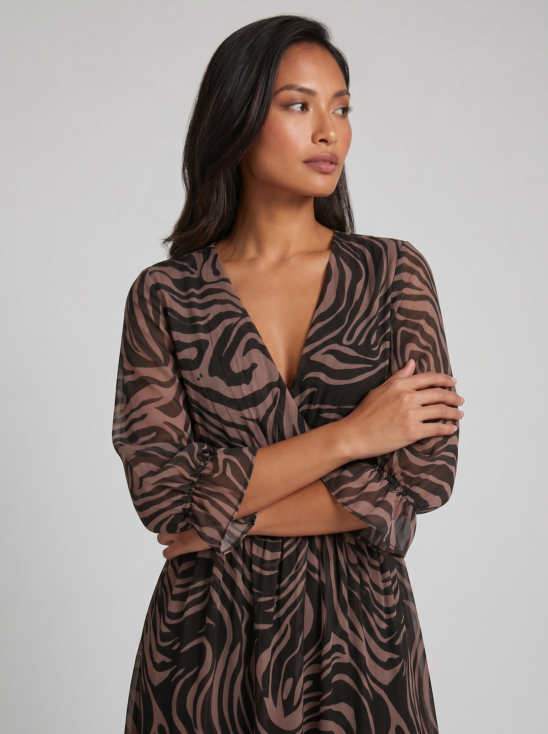 Women's Midi Dress – V-Neck Print Chiffon Wrap