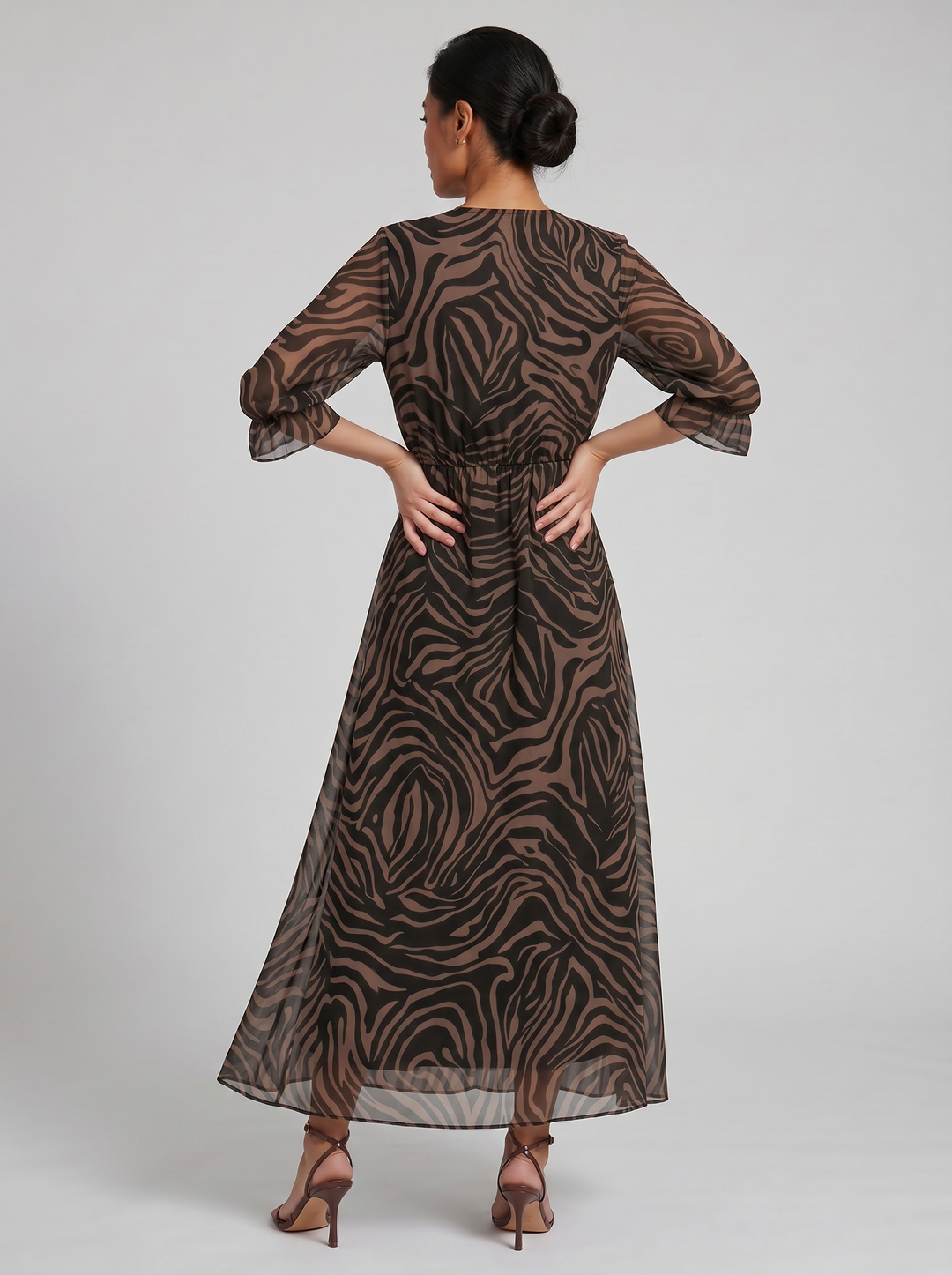 Women's Midi Dress – V-Neck Print Chiffon Wrap