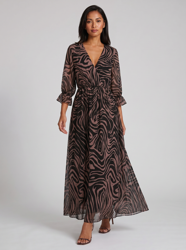 Women's Midi Dress – V-Neck Print Chiffon Wrap