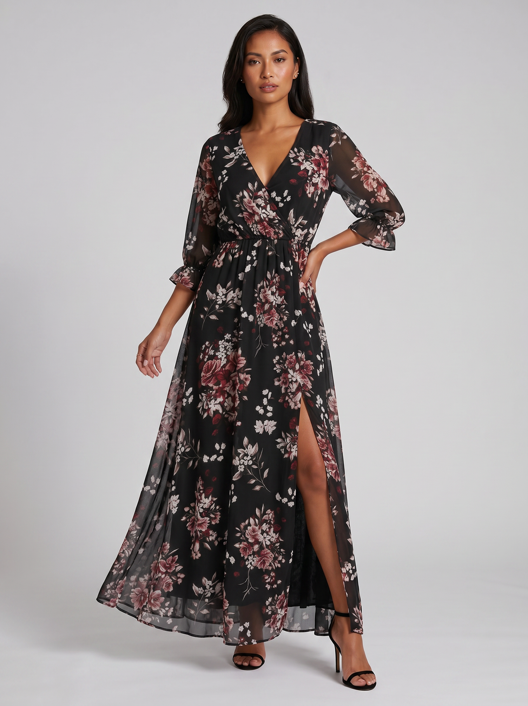 Women's Midi Dress – V-Neck Print Chiffon Wrap