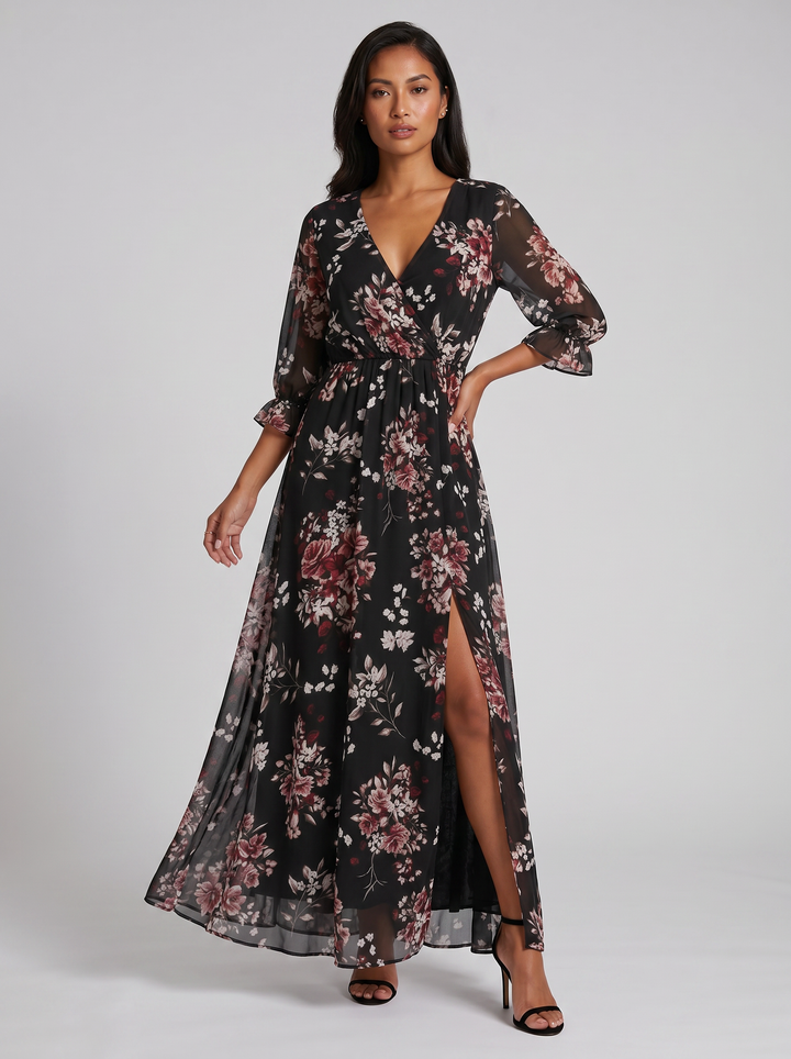 Women's Midi Dress – V-Neck Print Chiffon Wrap