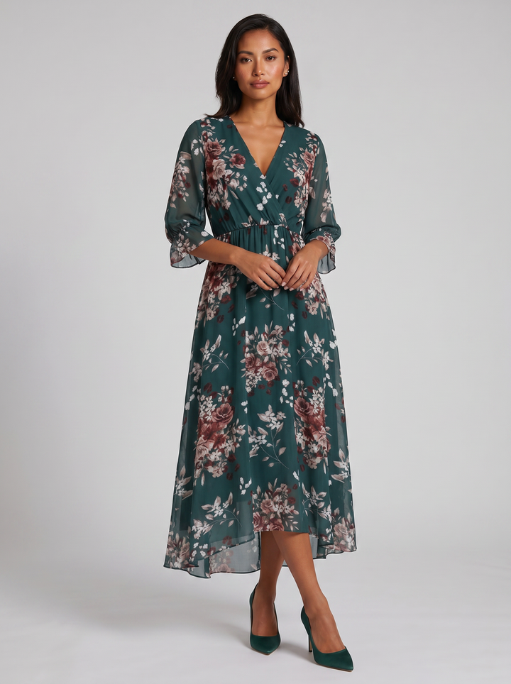 Women's Midi Dress – V-Neck Print Chiffon Wrap