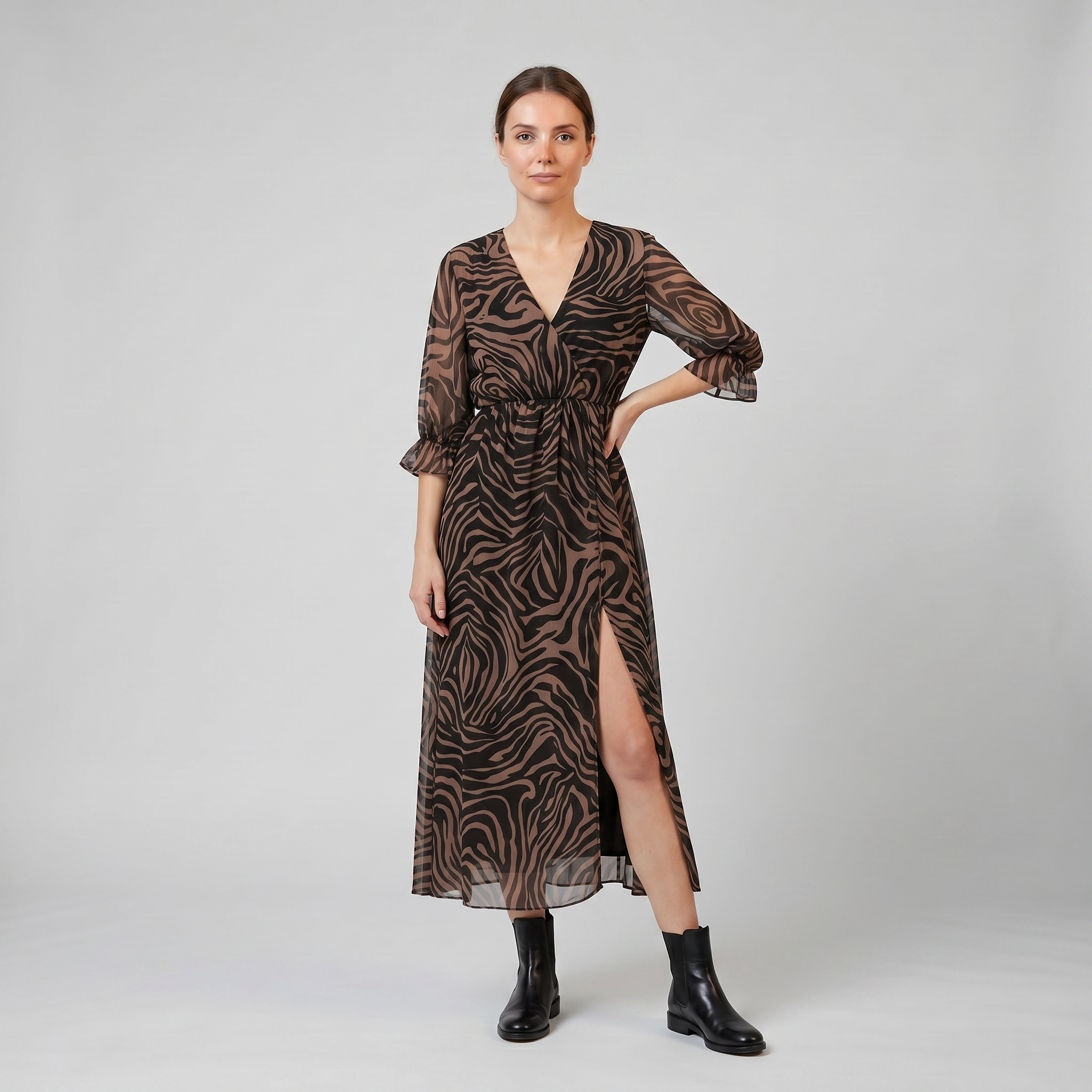 Women’s V-Neck Print Midi Dress -Chiffon Wrap | Celestiella