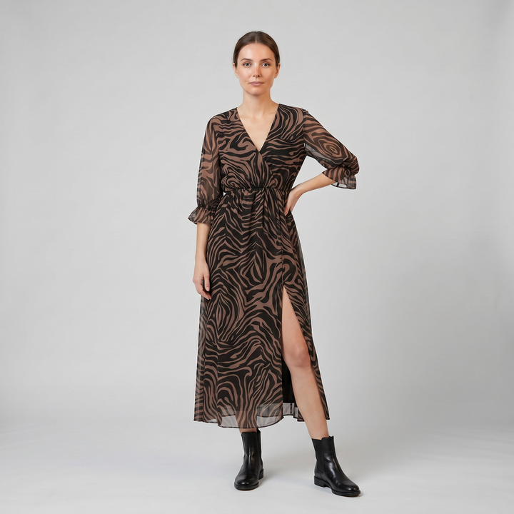 Women's Midi Dress – V-Neck Print Chiffon Wrap