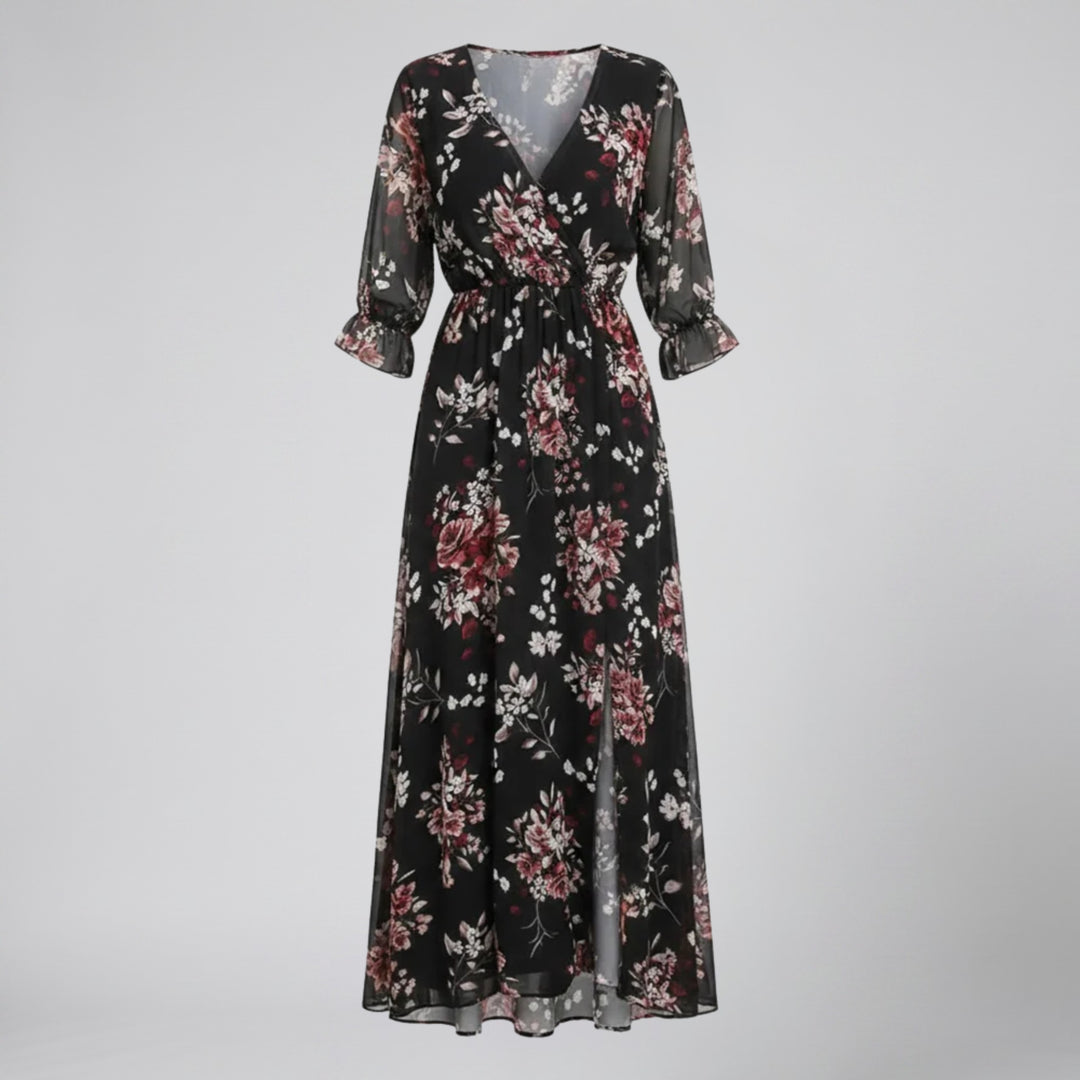 Women's Midi Dress – V-Neck Print Chiffon Wrap
