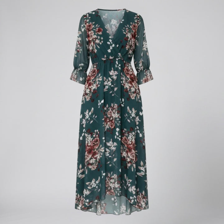 Women's Midi Dress – V-Neck Print Chiffon Wrap